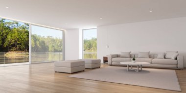 Beyaz kanepe ve göl manzaralı arka plan ile modern lüks oturma odası Perspektifi, Aile tatil fikri - sıcak ahşap iç tasarım, Mimari Fikir büyük pencereler evin - 3d render.