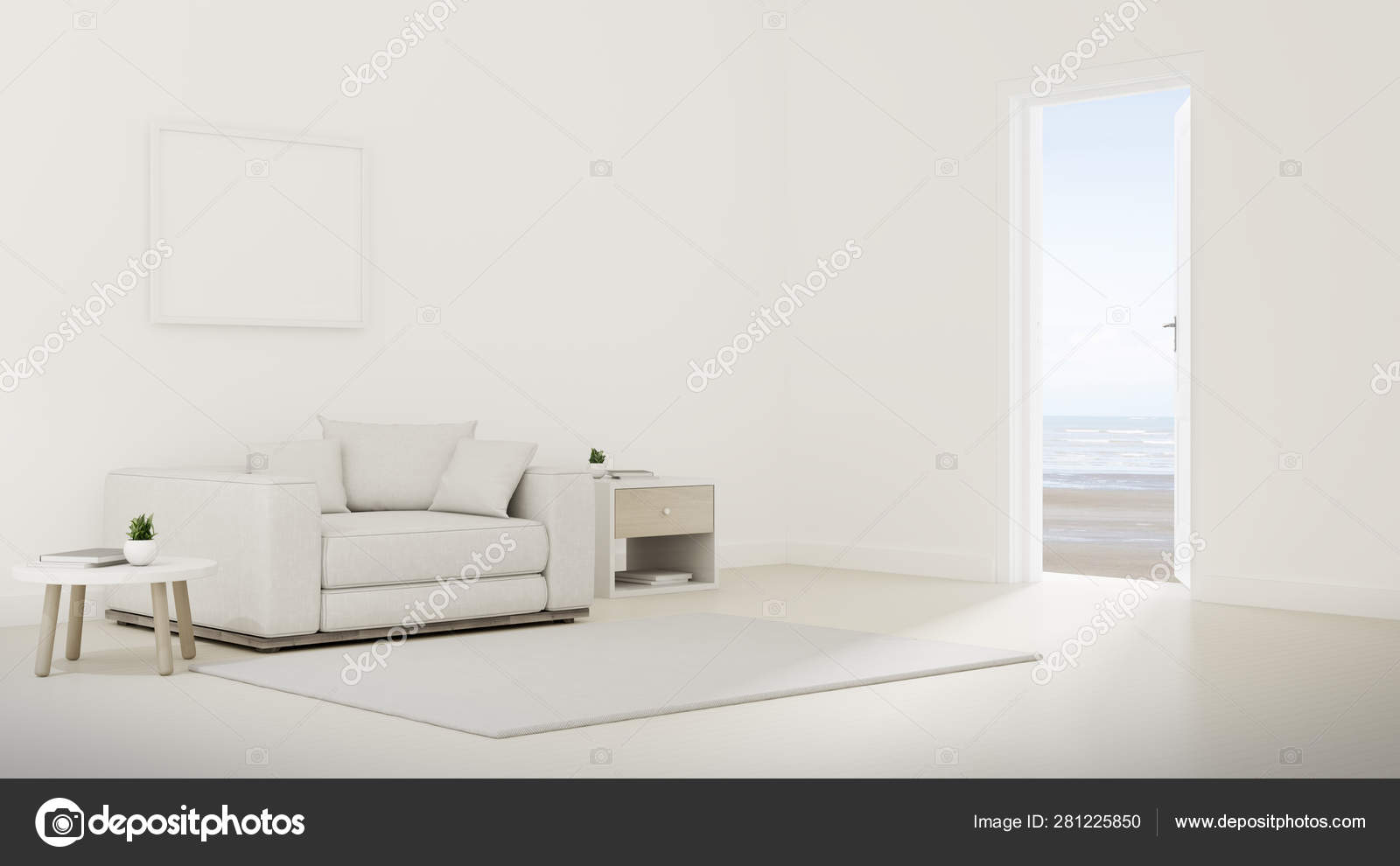 海の景色の背景に白いソファと白いドアと最小限のリビングルームのモックアップ 家族の休暇のアイデア 暖かい木材のインテリアデザイン 3dレンダリング 無料のストック写真 C Nuchao
