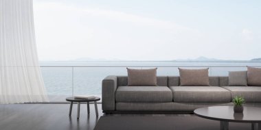 Deniz manzaralı arka plan üzerinde gri kanepe ile modern lüks oturma odası Perspektifi, Aile tatil fikri - koyu ahşap iç tasarım, büyük pencere sistemi mimari fikir - 3d render.