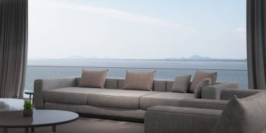 Deniz manzaralı arka plan üzerinde gri kanepe ile modern lüks oturma odası Perspektifi, Aile tatil fikri - koyu ahşap iç tasarım, büyük pencere sistemi mimari fikir - 3d render.