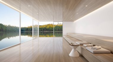 Göl manzaralı arka planda ahşap oturma alanı ve yan masa ile modern lüks oturma odası Perspektifi,Sauna odası bekleme alanı - 3d render.