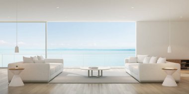 Beyaz kanepe ve şehir manzaralı arka plan, sıcak ahşap iç tasarım, büyük pencere sistemi mimari fikir modern lüks oturma odası Perspektif - 3d render.