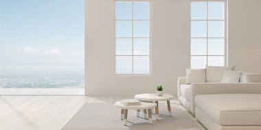 Beyaz kanepe ve şehir manzaralı arka plan, sıcak ahşap iç tasarım, büyük pencere sistemi mimari fikir modern lüks oturma odası Perspektif - 3d render.