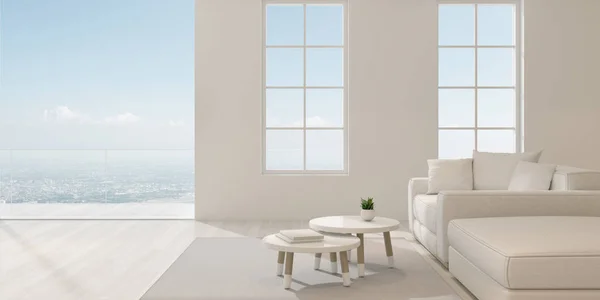 现代豪华客厅与白色坐拥白色 在城市景观背景上 暖木室内设计 大窗户系统的建筑理念 3D渲染 — 图库照片