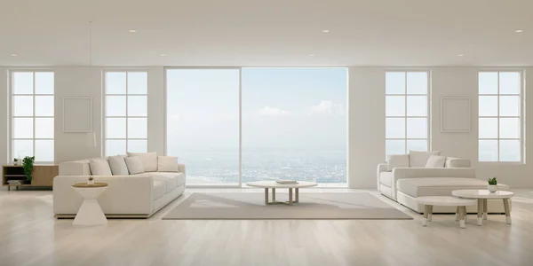 Beyaz kanepe ve şehir manzaralı arka plan, sıcak ahşap iç tasarım, büyük pencere sistemi mimari fikir modern lüks oturma odası Perspektif - 3d render.