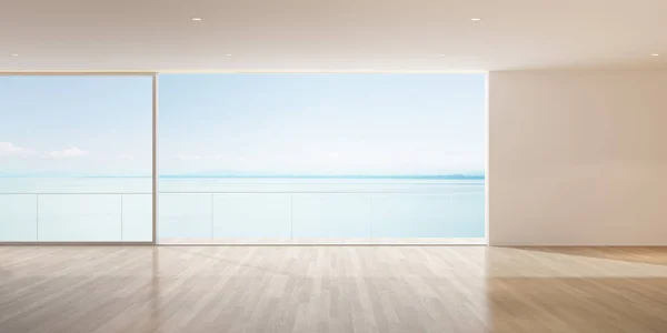 Deniz manzaralı arka plan üzerinde boş modern oturma odası Perspektifi,Ahşap zemin üzerinde güneş ışığı gölge. - 3d render.