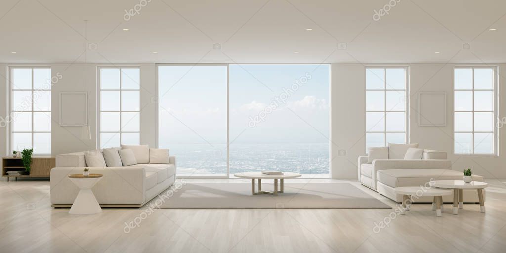 Perspective of modern luxury living room with white sofa and on city view background, warm timber interior design, architecture idea of large window system - 3D rendering.