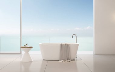 Deniz manzaralı arka planda yan masa ve havlu ile küvet görünümü, ahşap ve beyaz duvar ile modern iç tasarım. 3d render