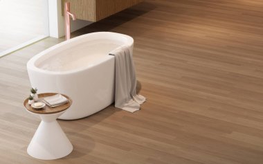 Deniz manzaralı arka planda yan masa ve havlu ile küvet üst görünümü, ahşap modern iç tasarım. 3d render