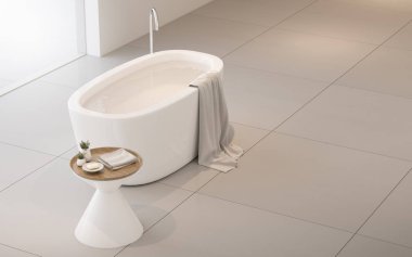 Deniz manzaralı arka plan yan masa ve havlu ile küvet üst görünümü, büyük gri fayans ile modern iç tasarım. 3d render