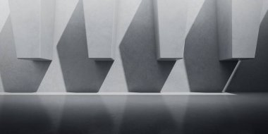 Güneş ışığı ile beton uzay Soyut şekil duvarında gölge döküm , Geometrik yapı tasarımı , Brutalism mimari perspektif, 3d render