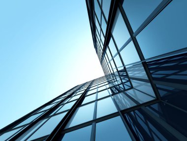 Mavi berrak gökyüzü arka plan üzerinde yüksek katlı cam bina ve koyu çelik pencere sistemi görünümü, Geleceğin mimarisiİş kavramı, binanın üstünde güneş ışığı kadar bakıyor. 3d render