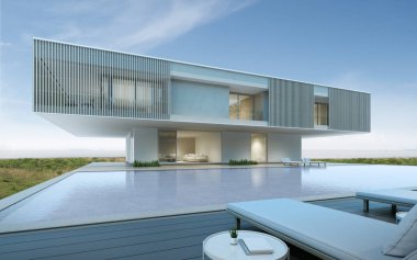 Ahşap teras ve deniz manzaralı arka plan üzerinde yüzme havuzu ile modern lüks bina Perspektif, Aile tatil fikri. 3d render.