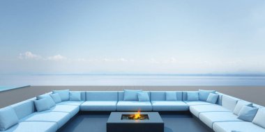 Deniz manzaralı arka plan taşma yüzme havuzu ve kanepe ile lüks modern ev Perspektifi, Minimal mimari tasarım Fikri. 3d render