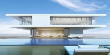 Ahşap teras ve deniz manzaralı arka plan üzerinde yüzme havuzu ile modern lüks bina Perspektif, Aile tatil fikri. 3d render.