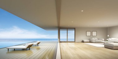 Ahşap teras ve deniz manzaralı arka plan üzerinde yüzme havuzu ile modern lüks bina Perspektif, Aile tatil fikri. 3d render.