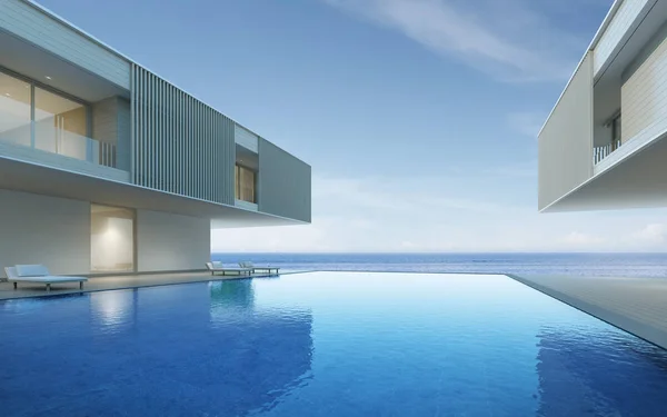Ahşap teras ve deniz manzaralı arka plan üzerinde yüzme havuzu ile modern lüks bina Perspektif, Aile tatil fikri. 3d render.