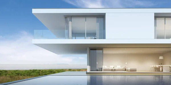 Ahşap teras ve deniz manzaralı arka plan üzerinde yüzme havuzu ile modern lüks bina Perspektif, Aile tatil fikri. 3d render.