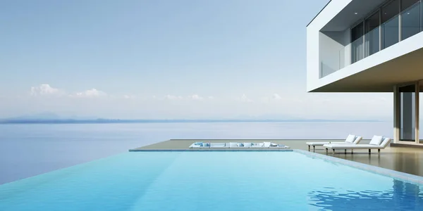 Deniz manzaralı arka plan taşma yüzme havuzu ve kanepe ile lüks modern ev Perspektifi, Minimal mimari tasarım Fikri. 3d render