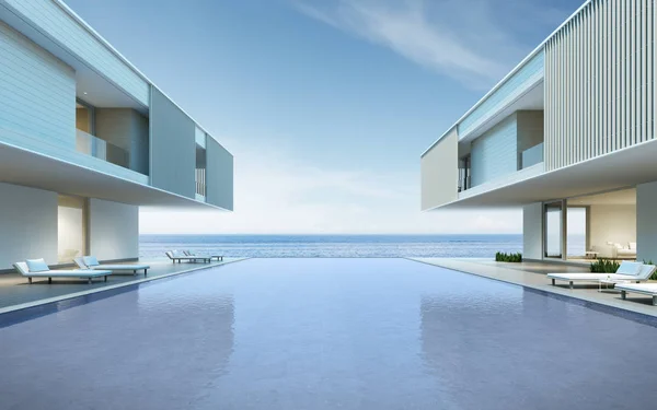 Perspectiva Moderno Edifício Luxo Com Terraço Madeira Piscina Fundo Vista — Fotografia de Stock