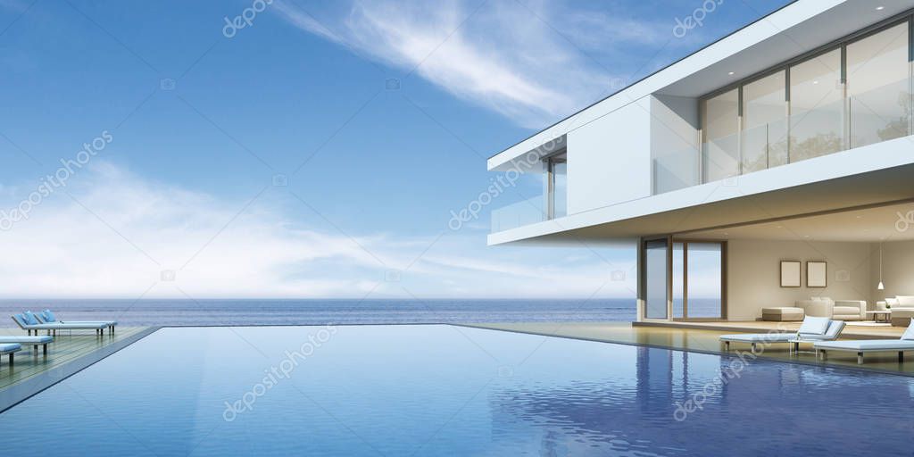 Perspective of modern luxury building with wood terrace and swimming pool on sea view background,Idea of family vacation. 3D rendering.