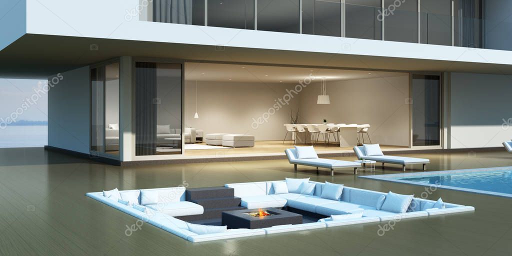 Perspective of luxury modern house with overflow swimming pool and sofa on sea view background, Idea of minimal architecture design. 3D rendering