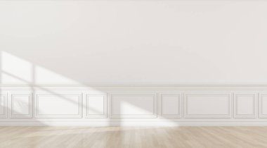 Duvarda güneş ışığı döküm gölge ile beyaz boş oda ve ahşap tahta zemin 3d teşvik, Klasik iç tasarım Perspektifi.