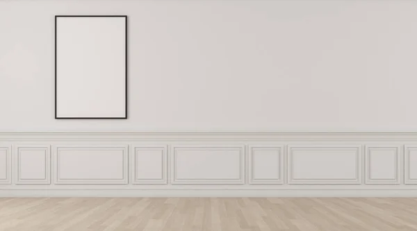 Perspective of white empty room and laminate floor with blank space of picture frame,classic interior style. 3D rendering