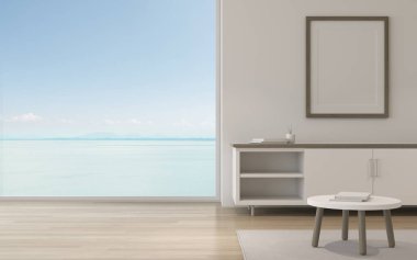 Deniz manzaralı arka plan üzerinde resim çerçevesi ve küçük dolap ile oda Mock-up. Minimal iç tasarım perspektifi. 3d render.