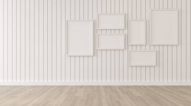 Beyaz tahta ahşap duvarda resim çerçevesimake-up. Minimal İç tasarım perspektifi. 3d render.