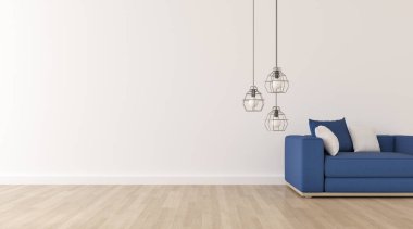 Ahşap laminat zemin üzerinde derin mavi kumaş kanepe ve küçük yan masa ile minimal tarzda beyaz oturma odası görünümü. Asma lamba tasarımı ile İskandinav iç Perspektif. 3d render.