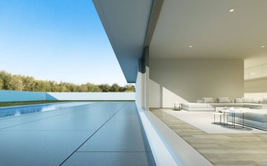 Gündüz yüzme havuzu ve çim avlusu ile beyaz modern lüks ev Perspektifi, Minimal mimari tasarım Fikri. 3d render 