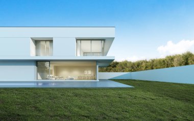 Gündüz yüzme havuzu ve çim avlusu ile beyaz modern lüks ev Perspektifi, Minimal mimari tasarım Fikri. 3d render 