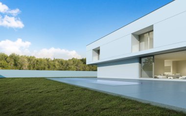 Gündüz yüzme havuzu ve çim avlusu ile beyaz modern lüks ev Perspektifi, Minimal mimari tasarım Fikri. 3d render 