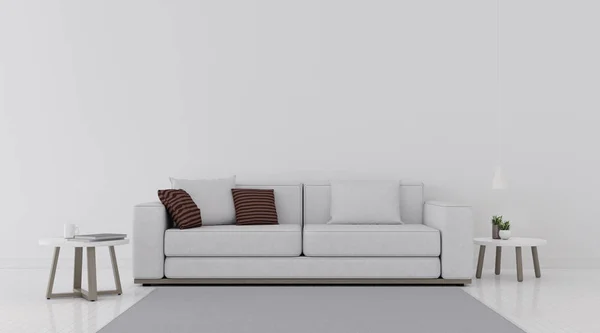 Pemandangan Ruang Tamu Dengan Sofa Putih Diatur Dan Meja Samping — Stok Foto