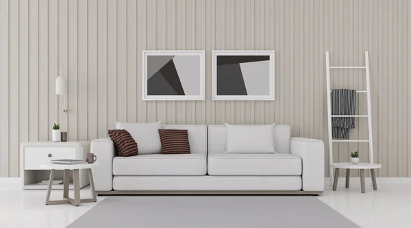 Pemandangan Ruang Tamu Dengan Sofa Putih Diatur Dan Meja Samping — Stok Foto