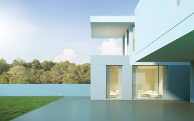 Ağaç arka plan üzerinde gündüz yeşil çim avlusu ile beyaz modern lüks evin Perspektif, Büyük ahşap güverte tasarımı ile minimal mimari Fikri. 3d render 