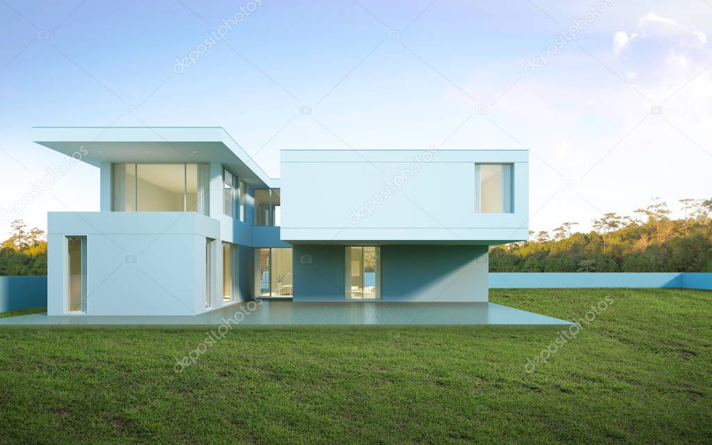 Perspective of white modern luxury house with green lawn yard in day time on tree background, Idea of minimal architecture with large wood deck design. 3D rendering 