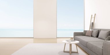 Deniz manzaralı arka plan üzerinde gri kanepe ile modern lüks oturma odası Perspektif, Minimal, büyük pencere sistemi Mimari fikir. - 3d render.