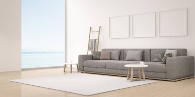 Deniz manzaralı arka plan üzerinde gri kanepe ile modern lüks oturma odası Perspektif, Minimal, büyük pencere sistemi Mimari fikir. - 3d render.