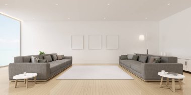 Deniz manzaralı arka plan üzerinde gri kanepe ve küçük beyaz yan masa ile modern lüks oturma odası Perspektifi, Aile tatil fikri - Minimal iç tasarım - 3d render.