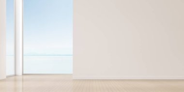 Duvarda güneş ışığı döküm gölge ile deniz manzaralı arka plan üzerinde beyaz lüks boş oda ve ahşap zemin 3d render,Minimal iç tarzı Perspektif.