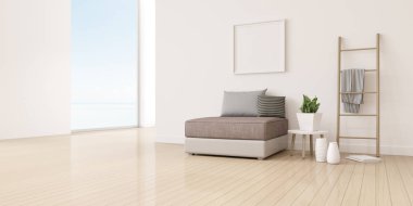 Ahşap laminat zemin üzerinde kanepe ve küçük yan masa ile minimal tarzda oturma odası görünümü. Deniz manzaralı arka plan iç tasarım perspektifi. 3d render.