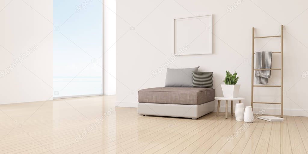 View of living room in minimal style with sofa and small side table on wood laminate floor. Perspective of interior design on sea view background.  3D rendering.