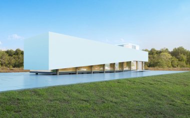 Ağaç arka plan üzerinde gündüz yeşil çim avlusu ile beyaz modern lüks evin Perspektif, Büyük ahşap güverte tasarımı ile minimal mimari Fikri. 3d render 