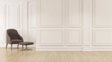 Ahşap laminat zemin üzerinde vintage sandalye ile beyaz boş oda Perspektif, iç tasarım Klasik tarzı. 3d render