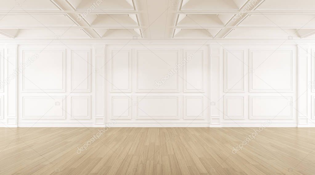 Perspective of the white empty room with wood laminate floor, Classic style of interior design. 3d rendering