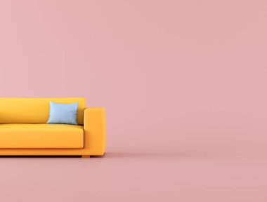 Mavi arka plan üzerinde sarı kanepe mock up, minimal kavram, 3d render.