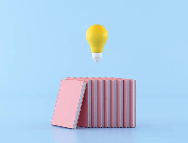 knowledge concept by using yellow light bulb on pink stacked books on blue background,minimal concept, 3D rendering.