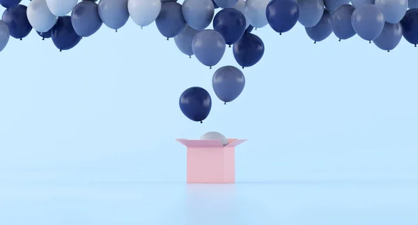Különböző Színű Ballonok Úszó Rózsaszín Nyitott Doboz Minimális Ajándék Ötlet — Stock Fotó